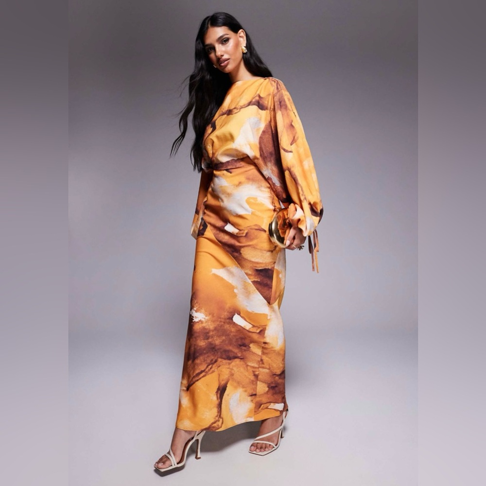 ASOS DESIGN Blouson Sleeve Tucked Maxi Dress w/ Tie Details in Rust Oversized ✨